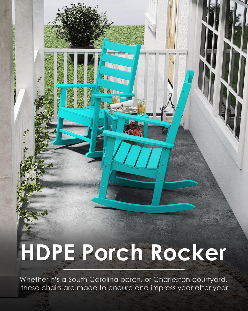 GREENVINES Outdoor-Rocking-Chair | HDPE Plastic | Patio Rockers | Porch Rocker Chairs | Shaker | Oversized | High Ladder Back | Big & Tall | PentaLuxe |Aqua