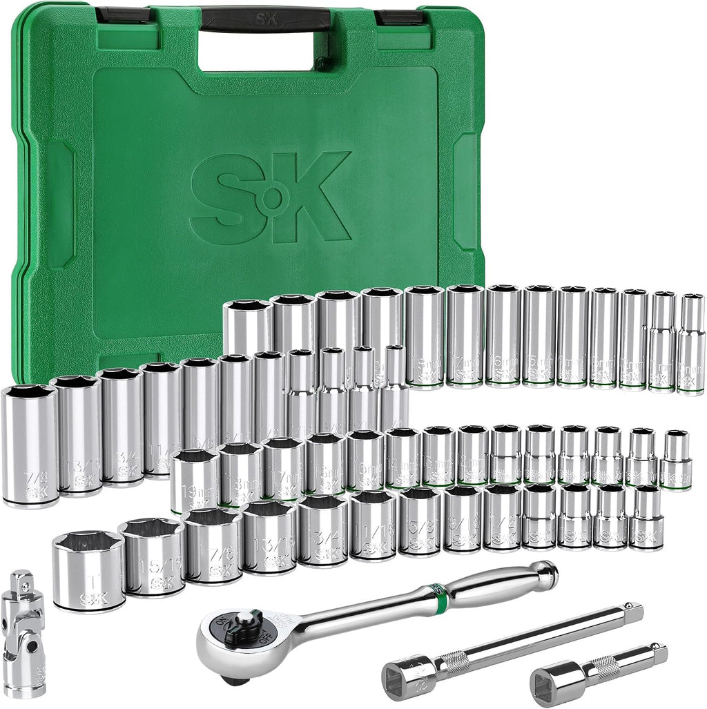SK 3/8' Drive Socket Set with 216-P Ratchet, 55-Piece, SAE & Metric, SuperKrome Finish, Premium CR-V Construction, with Storage Suitcase