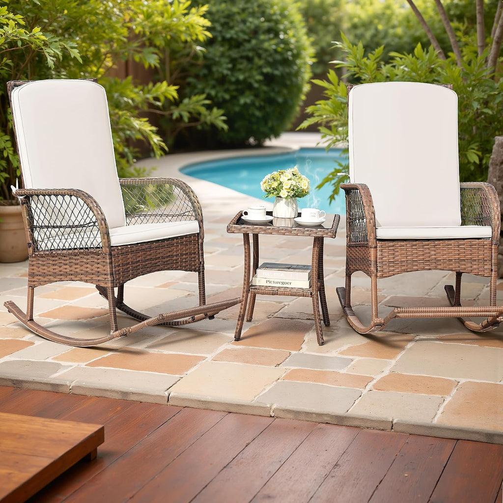 Devoko Outdoor Rocking Chairs 3 Piece Patio Furniture Set with Side Table & Cushions, Wicker Porch Rocker Bistro Set High Back for Balcony, Backyard, Garden (Beige)