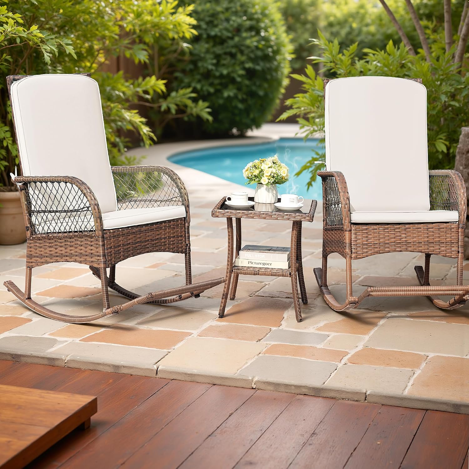 Devoko Outdoor Rocking Chairs 3 Piece Patio Furniture Set with Side Table & Cushions, Wicker Porch Rocker Bistro Set High Back for Balcony, Backyard, Garden (Beige)