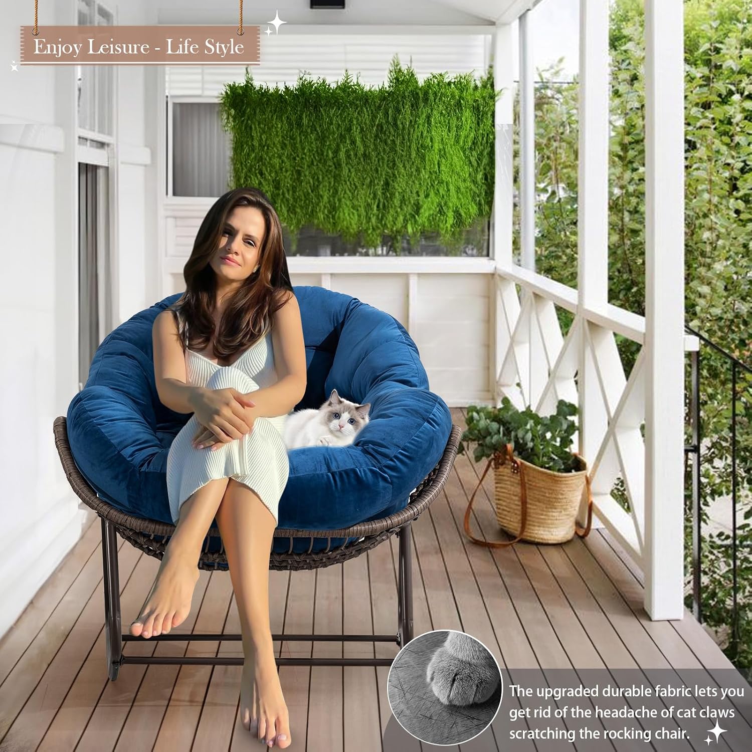 Patio Outdoor Rocking Chair Set of 2, Indoor Rattan Rocker Egg Chair, Comfy Oversized Papasan Chair with Thicker Cushion for Patio, Front Porch, Backyard, Garden, Balcony, Lounge, Living Room, Navy