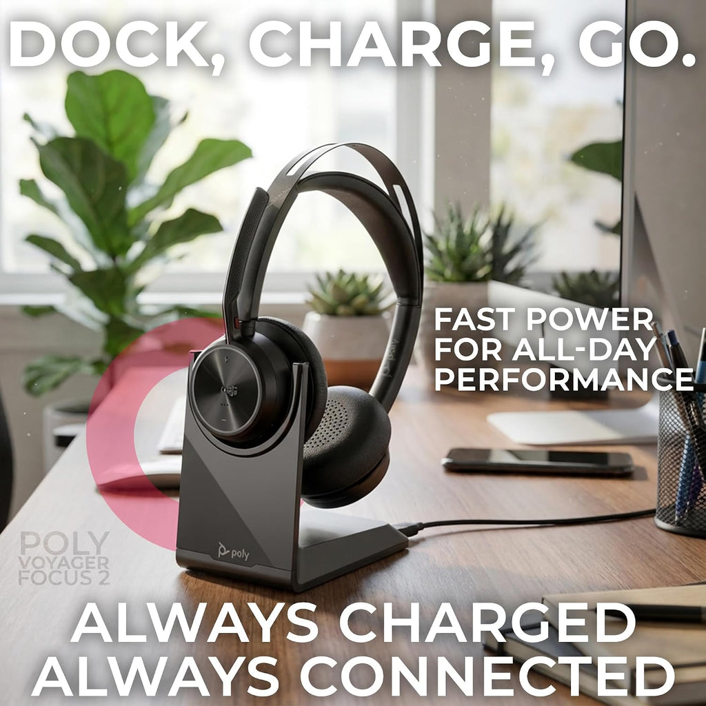 Poly Plantronics Voyager Focus 2 UC, Stereo Bluetooth Headset with Charging Stand, USB C, with USB C to USB A Adapter, Compatible with Teams, Zoom, Connects to Laptop,PC/Mac, Smartphone - GTW Cloth