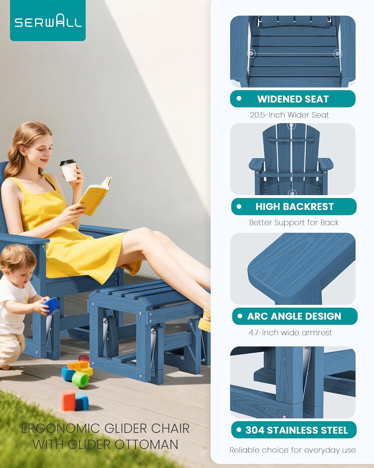 SERWALL Outdoor Glider Chair with Ottoman, HDPE Wood-Like Patio Glider Set All-Weather Porch Glider for Outside, Blue
