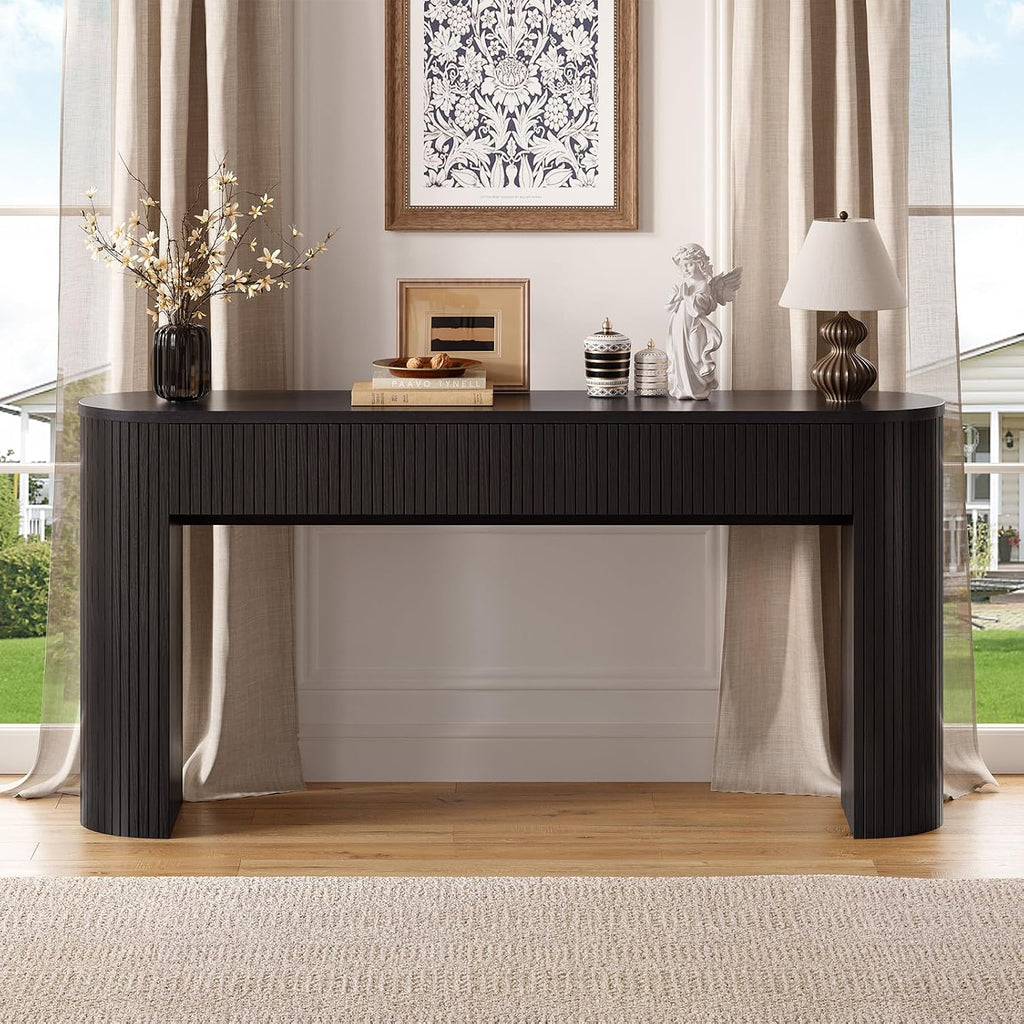 63 Inch Console Table with 2 Drawers, Fluted Entryway Tables with Storage, Sofa Table Behind The Couch, Hallway Tables, Mid-Century Modern Foyer Table for Entryway, Hallway, Living Room, Black