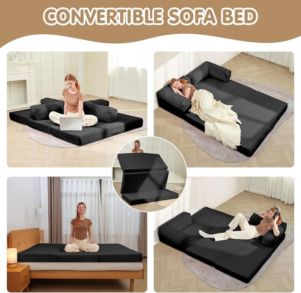 5-in-1 Convertible Sofa Bed,60' Boneless Couch Tri Folding Floor Mattress with Removable L-Shaped Armrests & Handle,Corduroy Futon Couch Sleeper with Pull Out Bed for Living Room Bedroom Apartment