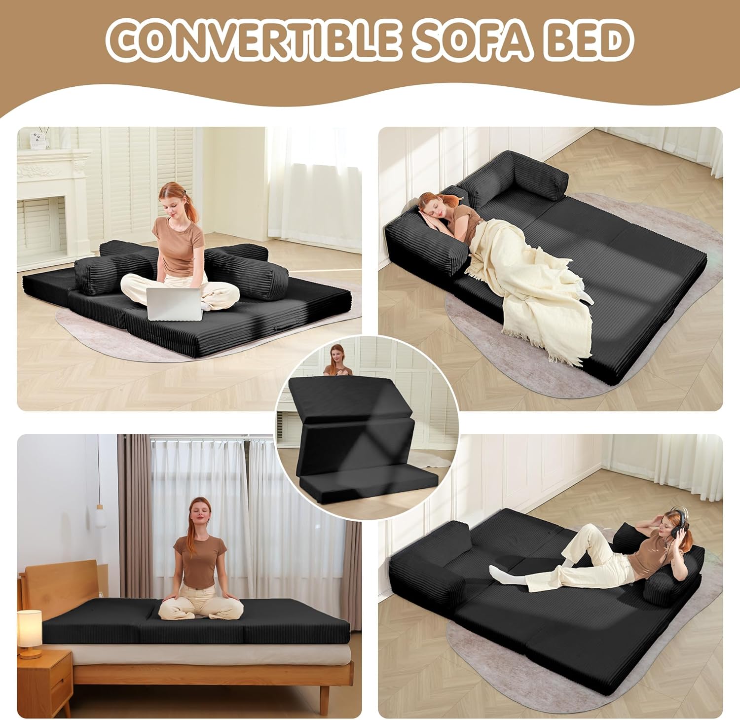 5-in-1 Convertible Sofa Bed,60' Boneless Couch Tri Folding Floor Mattress with Removable L-Shaped Armrests & Handle,Corduroy Futon Couch Sleeper with Pull Out Bed for Living Room Bedroom Apartment
