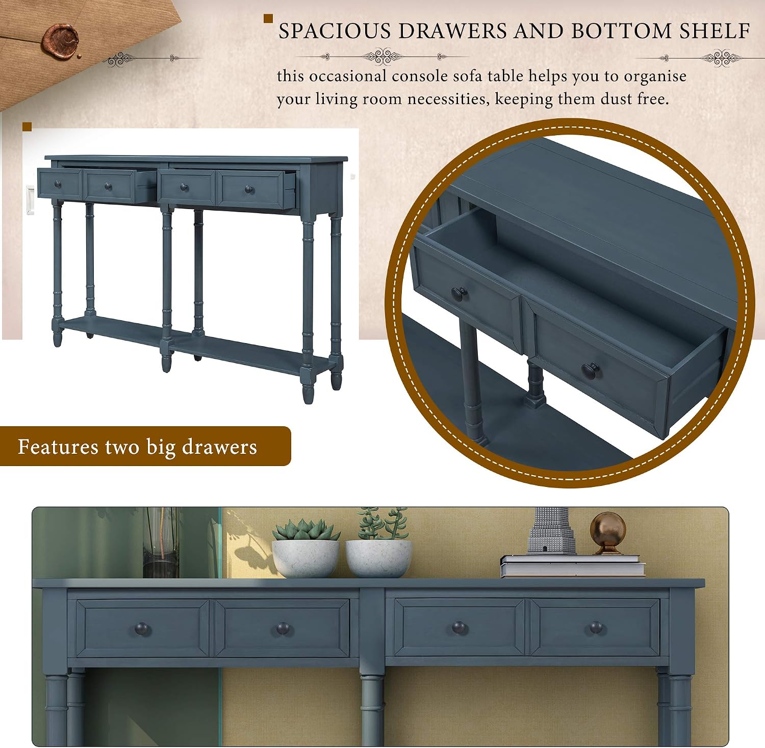 Merax Console Table Sofa Table with Two Storage Drawers and Bottom Shelf for Living Room, Entryway, Easy Assembly (Antique Navy)