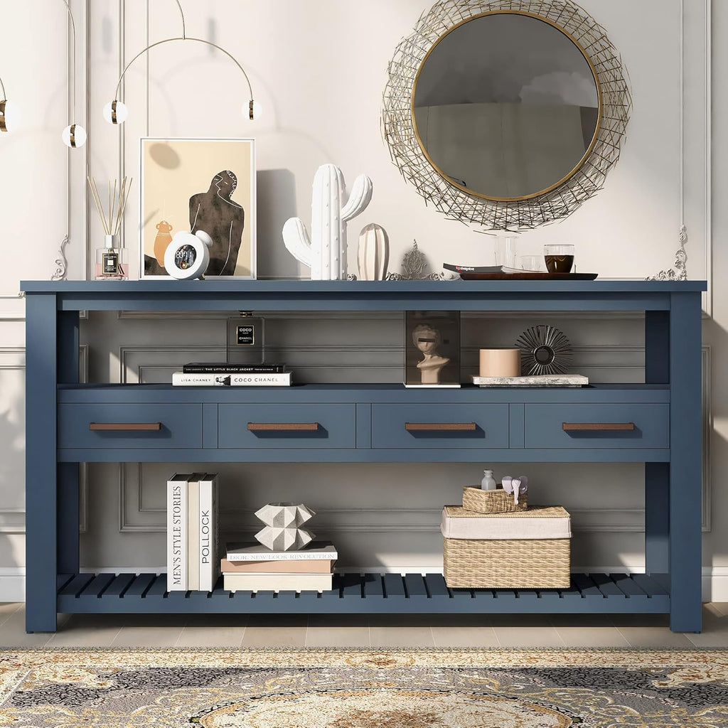 Modern Console Table Long Narrow 62-Inch Sofa Entry Table with Drawers & Open Shelves for Living Room Entryway, Easy Assembly (Navy Blue)