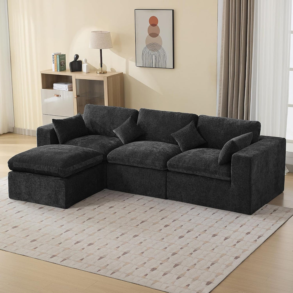 115''Cloud Boneless Sectional Couch, Modular Sectional Sofa Deep Seat with Ottoman, Oversized Upholstered Convertible Comfy 4 Seater Chenille Sofa L Shape Couches for Living Room, Dark
