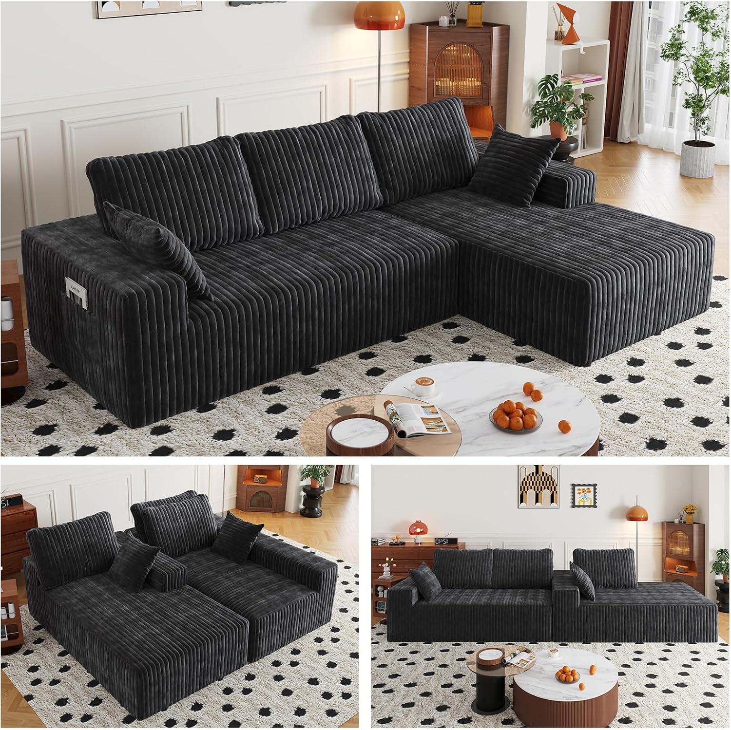 108' Modular Sectional Cloud Couch for Living Room Deep Seat L Shapes Boneless Couch with Oversized Chaise Lounge, Comfy Memory Foam Flannel Fabric Sofa for Bedroom Apartment, No Assembly Required