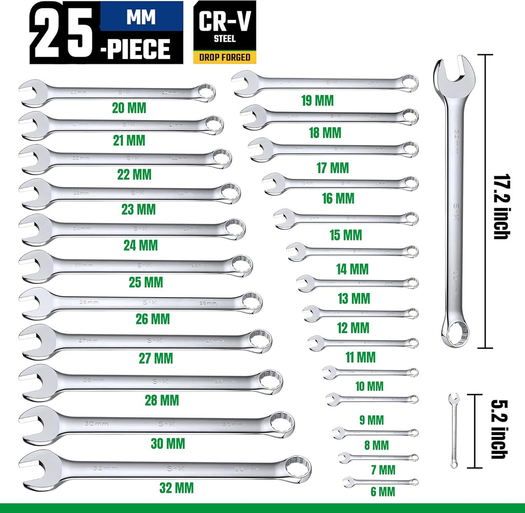 SK Combination Wrench Set, SAE 1/4' to 1-1/4', Metric 6 to 32mm, 42-Piece, SuperKrome Finish, Premium CR-V Construction, with Rolling Pouch