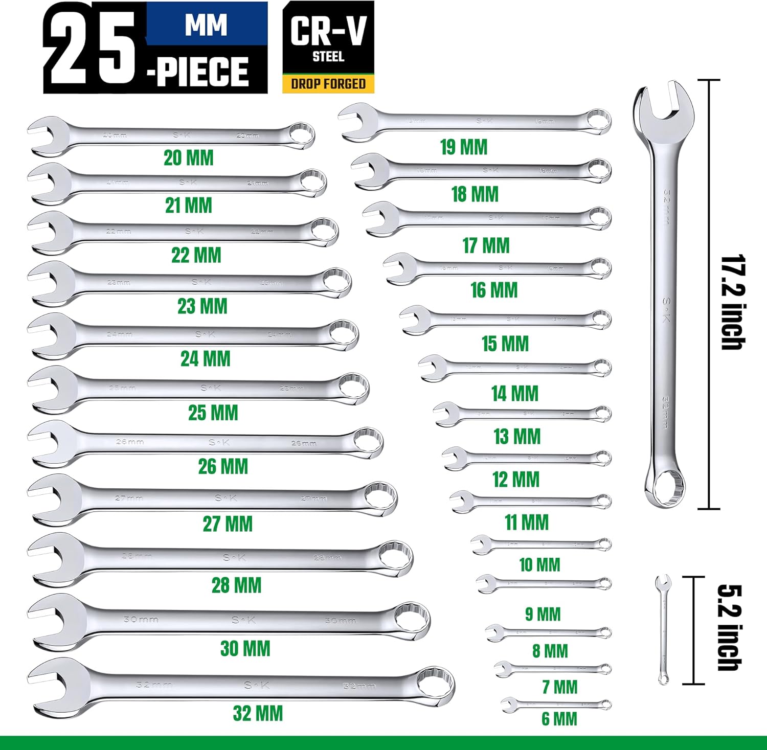 SK Combination Wrench Set, SAE 1/4' to 1-1/4', Metric 6 to 32mm, 42-Piece, SuperKrome Finish, Premium CR-V Construction, with Rolling Pouch