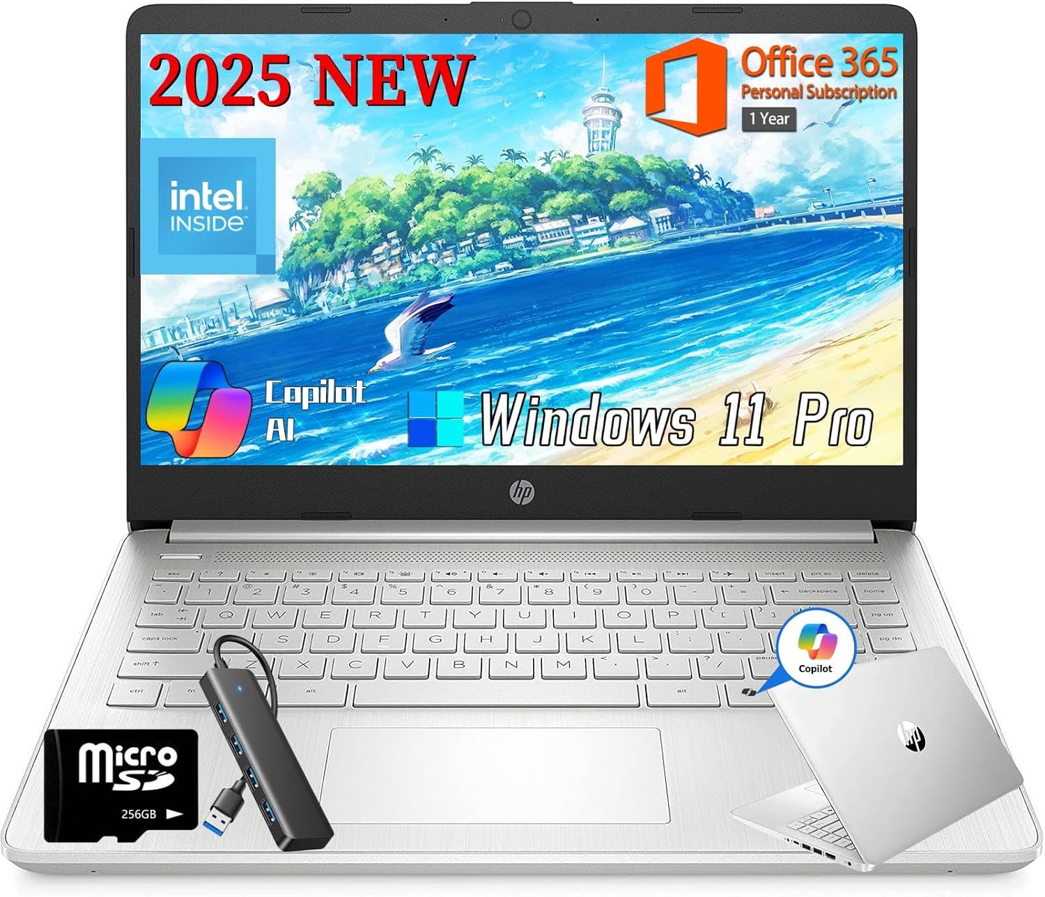 HP 2025 14 Inch Student Business Laptop, Intel Processor N150, 16 GB RAM, 384 GB Storage(128GB UFS+256GB MSD), Copilot Key, AI Powered, 1 Year Office 365, Windows 11 Pro, Natural Silver, w/Accessories
