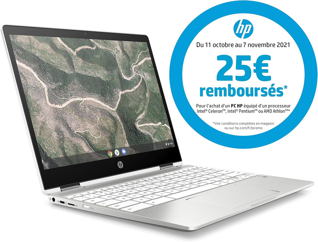 HP Chromebook x360 12b-ca0010nf Convertible and Touchscreen Laptop 12'' HD IPS Silver (Intel Celeron, 4 GB RAM, 32 GB eMMC, AZERTY, Chrome OS)