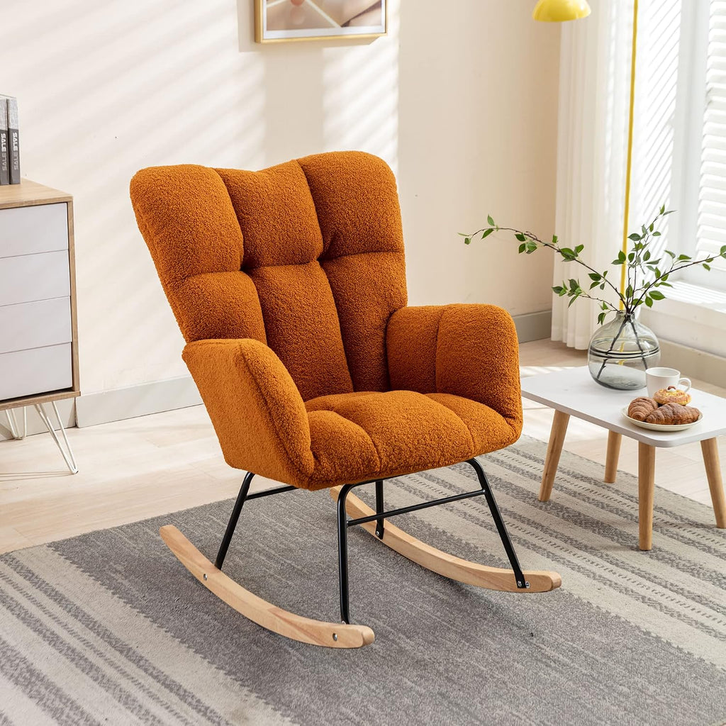 Setawix Teddy Rocking Chair with High Back,Leisure Rocking Armchair for Nursery,Mid Century Modern Rocker Glider Arm Chair for Living Room,Adults,Kids,Tufted with Solid Wood Legs