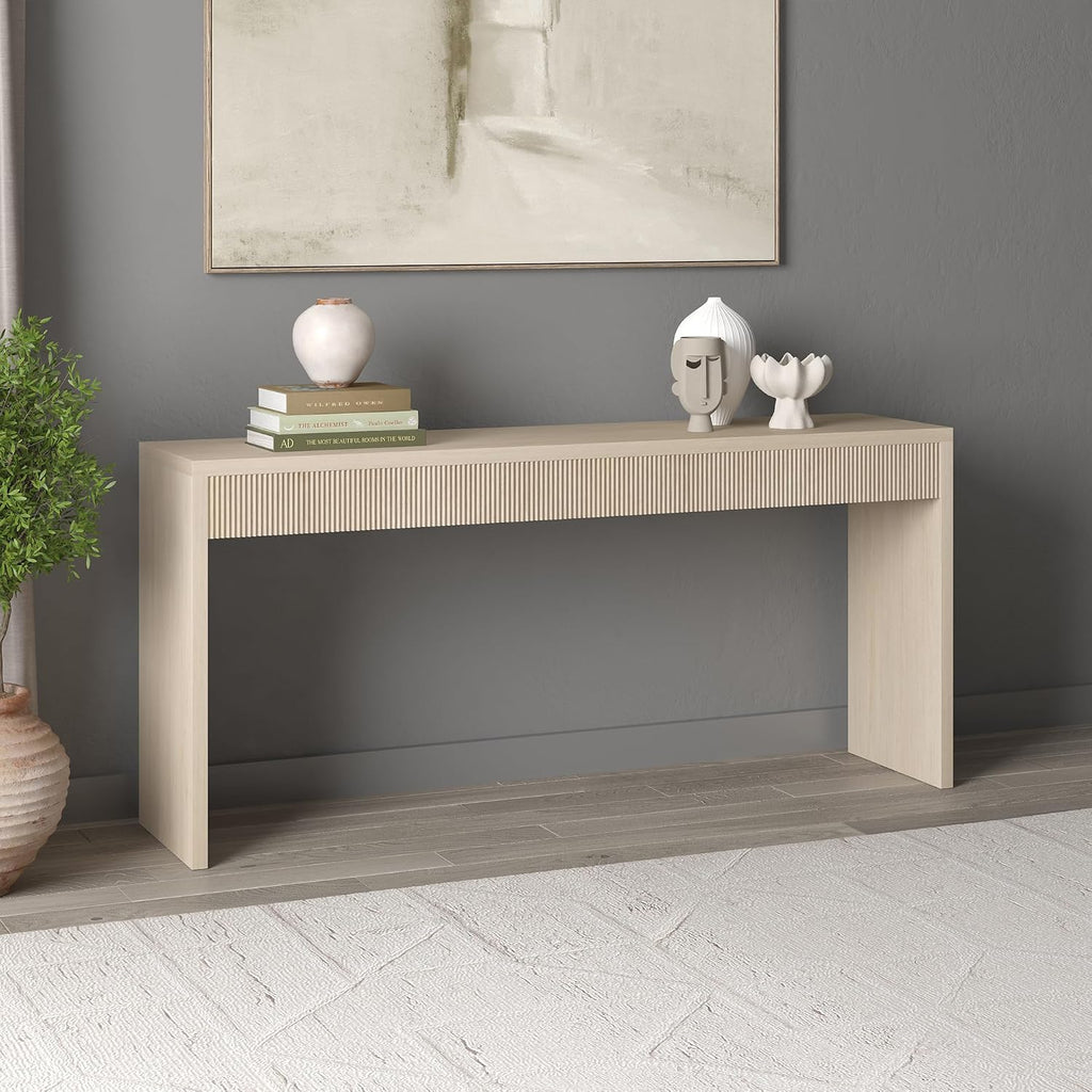 Henn&Hart 64' Rectangular Fluted Console Table, Ribbed Entryway Table, Sofa Table for Entryway, Living Room, Couch, Hallway, or Office, Beech White
