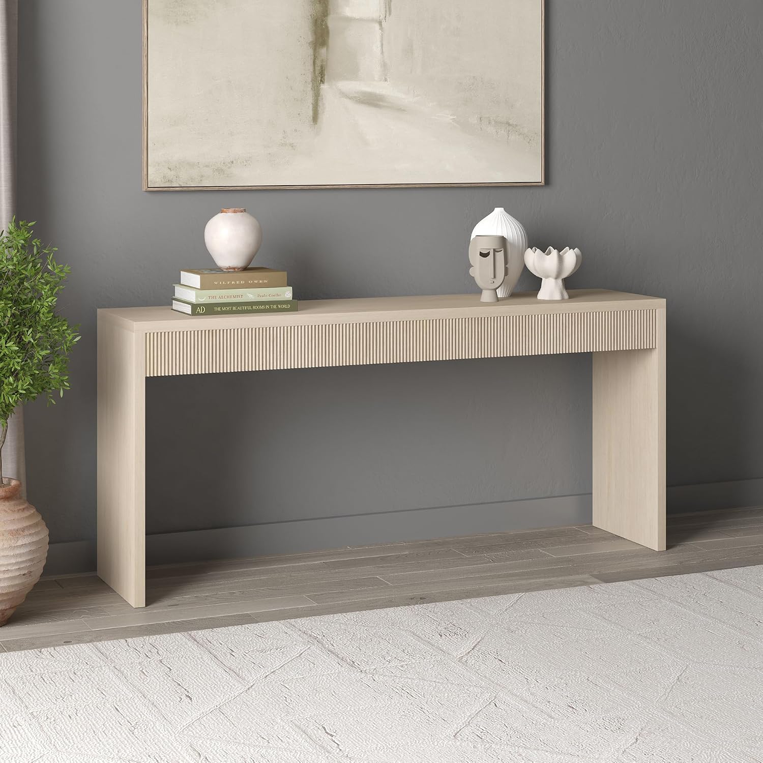 Henn&Hart 64' Rectangular Fluted Console Table, Ribbed Entryway Table, Sofa Table for Entryway, Living Room, Couch, Hallway, or Office, Beech White
