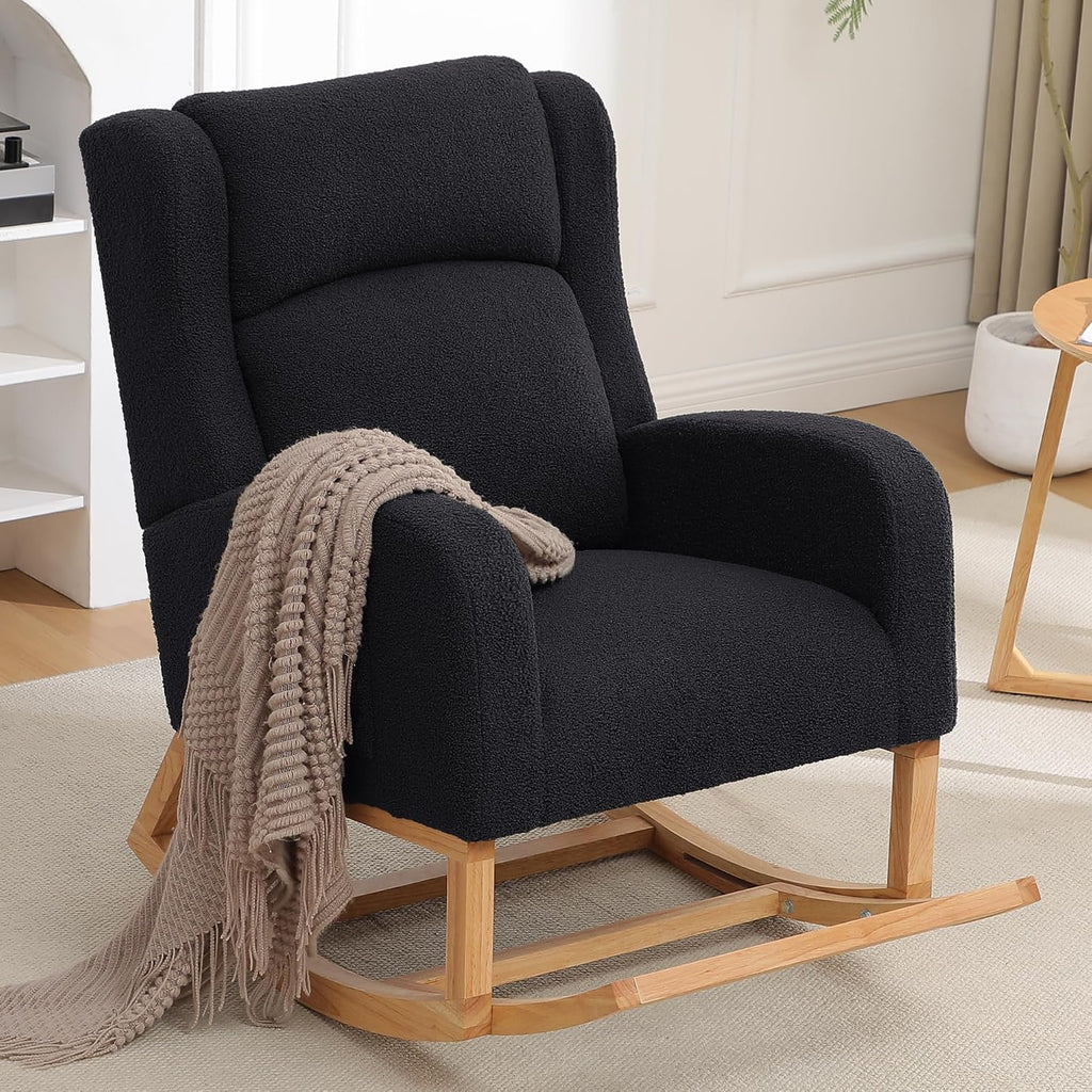 HCHAIRH Rocking Chair Nursery, Nursing Rocking Chairs for Mom Nursery, Comfy Wingback Glider Rocking Armchair with Foot Rest and Side Pocket for Nursery Living Room Bedroom, Teddy Black
