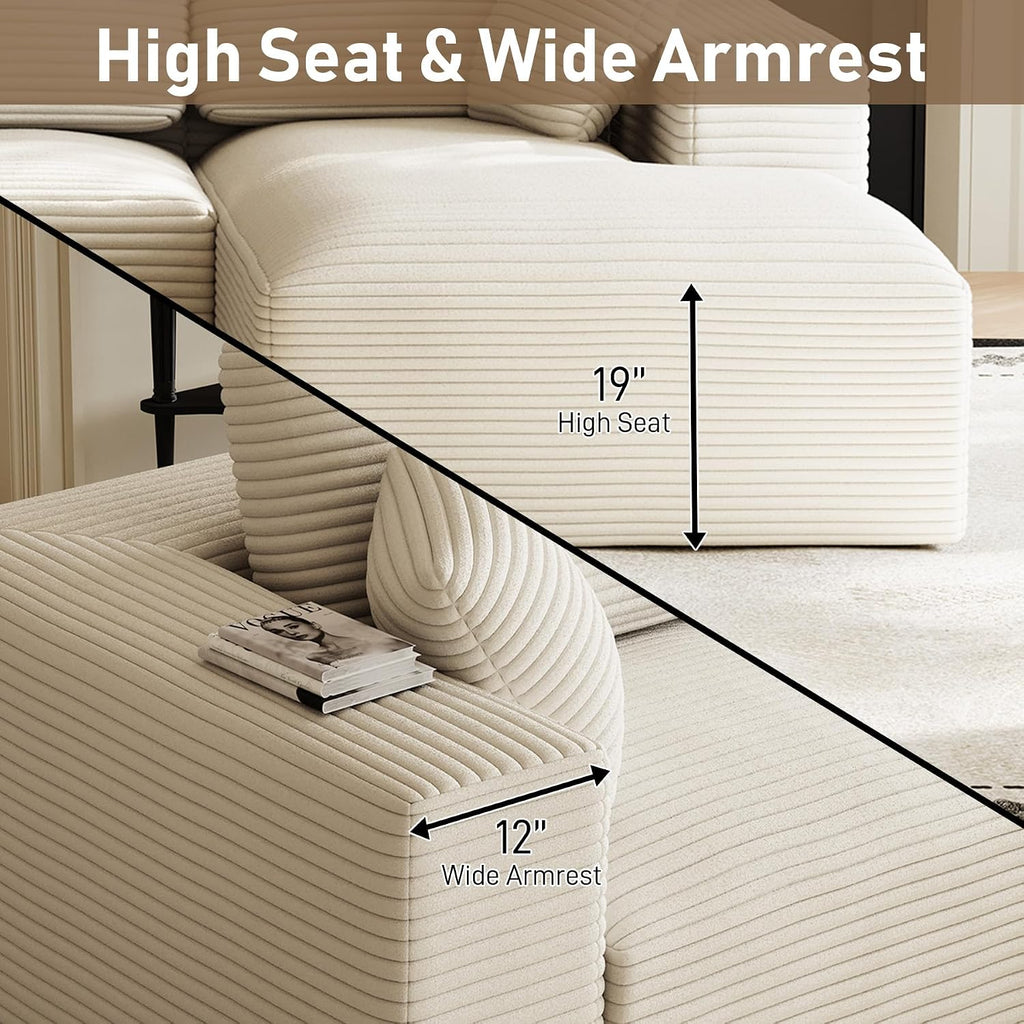 109' L-Shaped Boneless Cloud Sectional Couches, Comfy Corduroy Fluffy Modular Sectional Sofa with Right-Facing Chaise, Deep Seat Memory Foam Plush Couch for Living Room, Small Spaces, Beige White