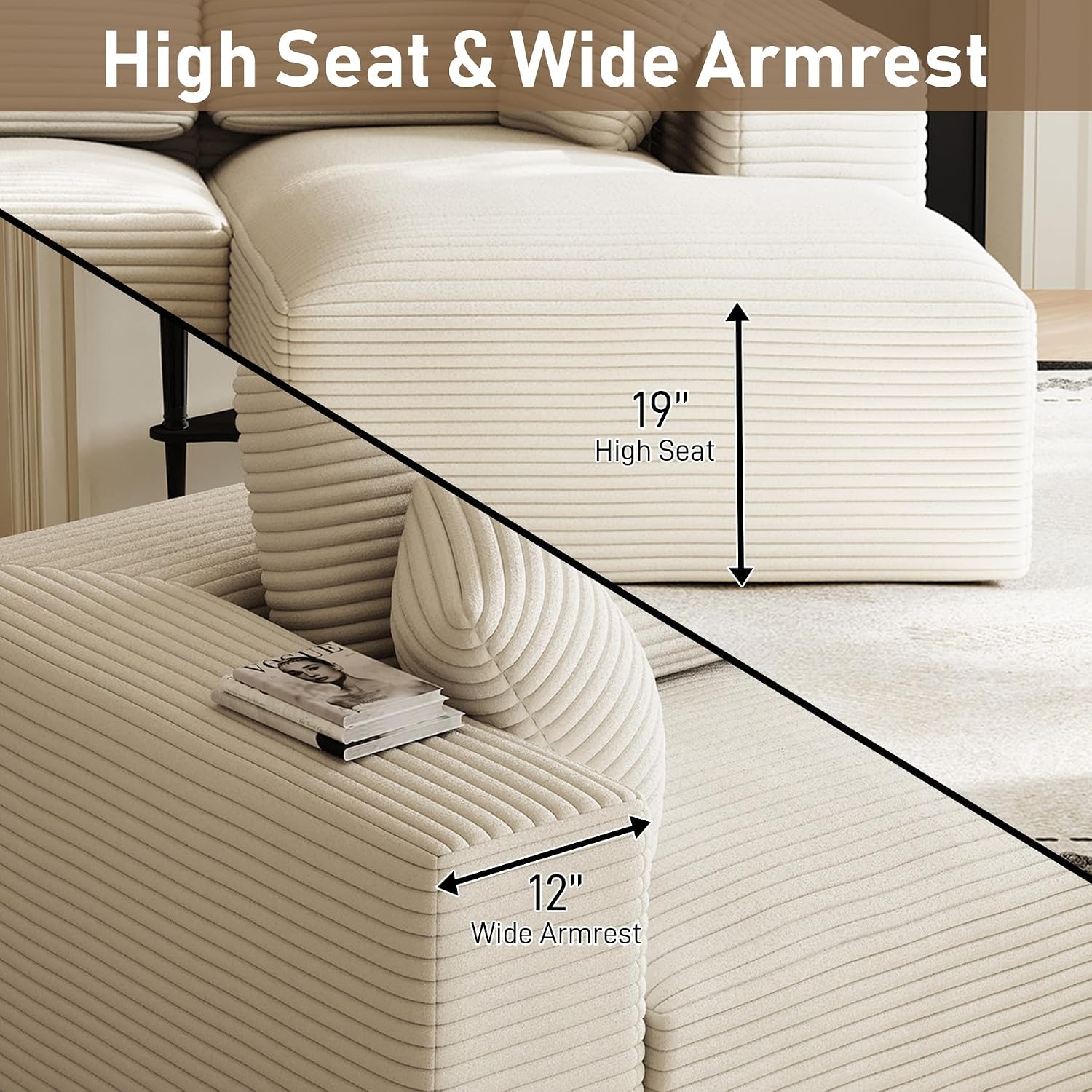 109' L-Shaped Boneless Cloud Sectional Couches, Comfy Corduroy Fluffy Modular Sectional Sofa with Right-Facing Chaise, Deep Seat Memory Foam Plush Couch for Living Room, Small Spaces, Beige White