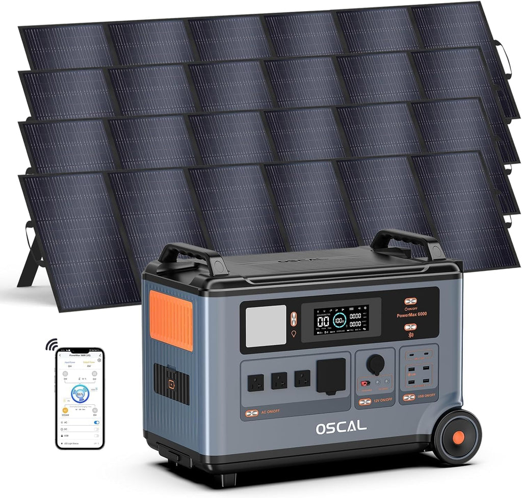 OSCAL 6000W Solar Generator(2025 New),120V/240V Split Phase Voltage Portable Power Station PowerMax 6000 with 4×500W Panel, 6000w AC Output (9000W Surge),2400W MPPT Solar for Emergency 999