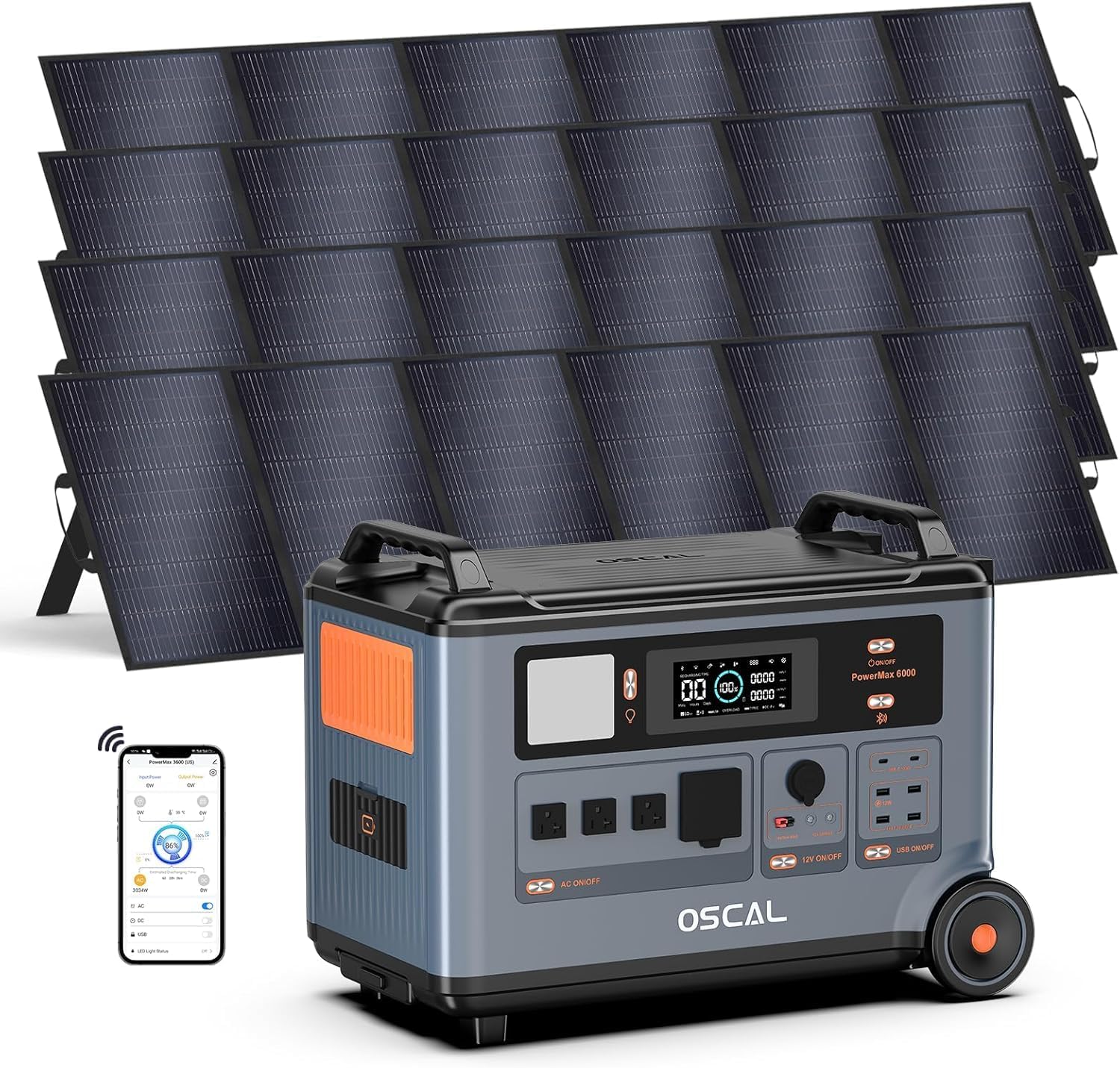OSCAL 6000W Solar Generator(2025 New),120V/240V Split Phase Voltage Portable Power Station PowerMax 6000 with 4×500W Panel, 6000w AC Output (9000W Surge),2400W MPPT Solar for Emergency 999