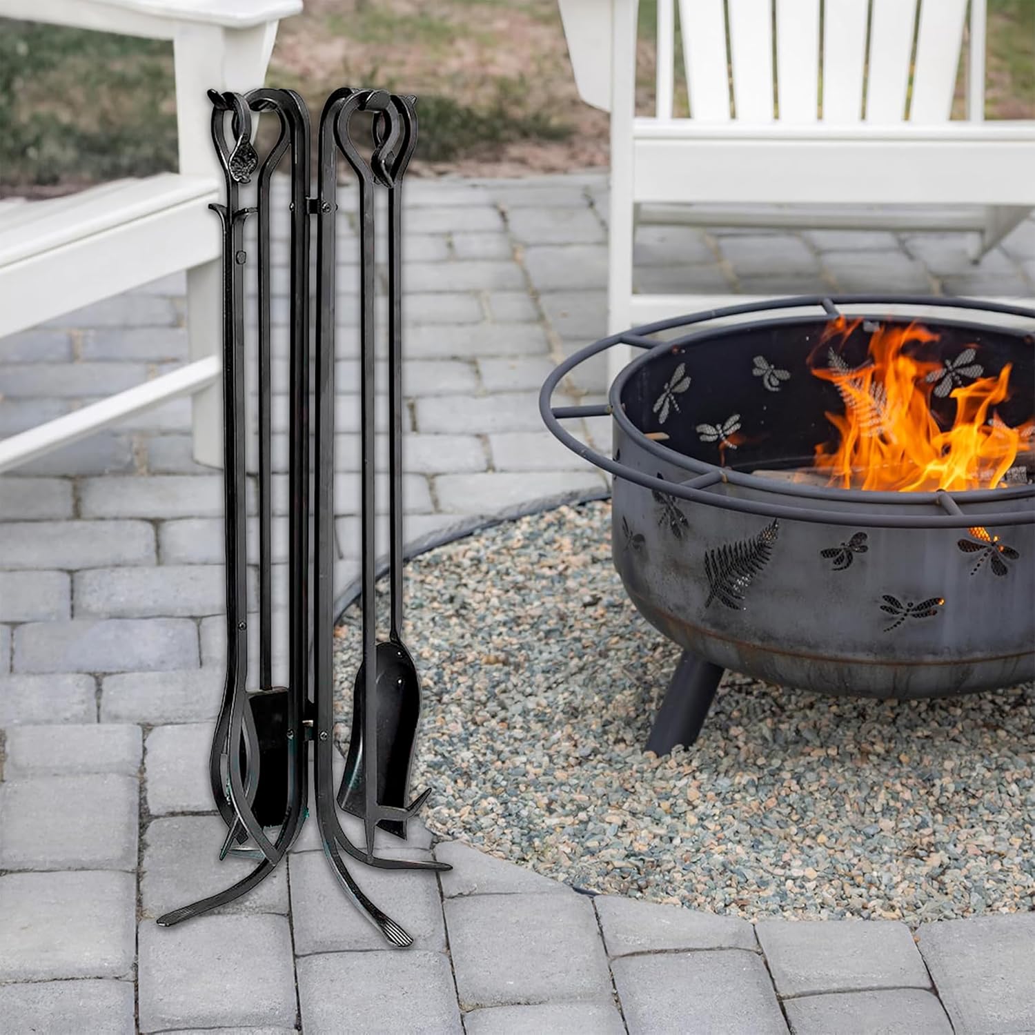 Plow & Hearth 5 Piece Hand Forged Iron Compact Fireplace Tool Set 32.5' | Black Wrought Iron Handle for Outdoor Indoor | Stand Poker Shovel Brush Log Tongs Wood Stove Accessory