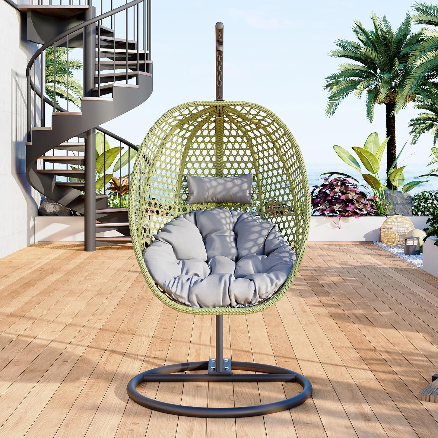 Egg Swing Chair Outdoor with Stand, Hanging Egg Rattan Basket Chair with Cushion and Pillow, Lounge Chair, Foldable Basket and Metal Stand for Porch, Patio, Bedroom, Balcony,Yard (Green)