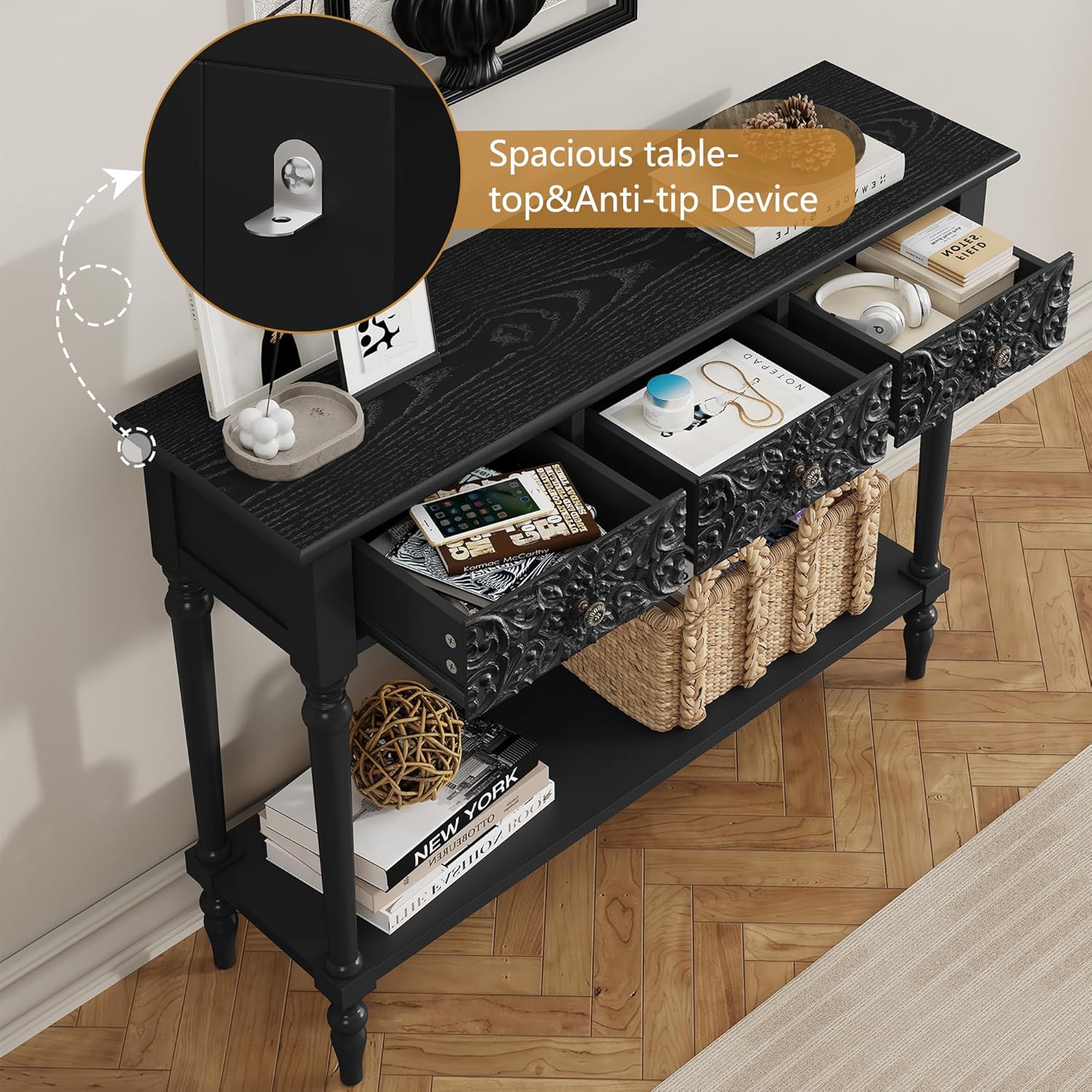 3More Entryway Console Table with 3 Drawers,42' Carved Hallway Table with Open Shelf,Long Sofa Table for Living Room, Hallway, Behind Couch,Black