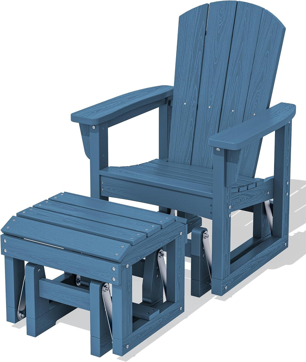 SERWALL Outdoor Glider Chair with Ottoman, HDPE Wood-Like Patio Glider Set All-Weather Porch Glider for Outside, Blue