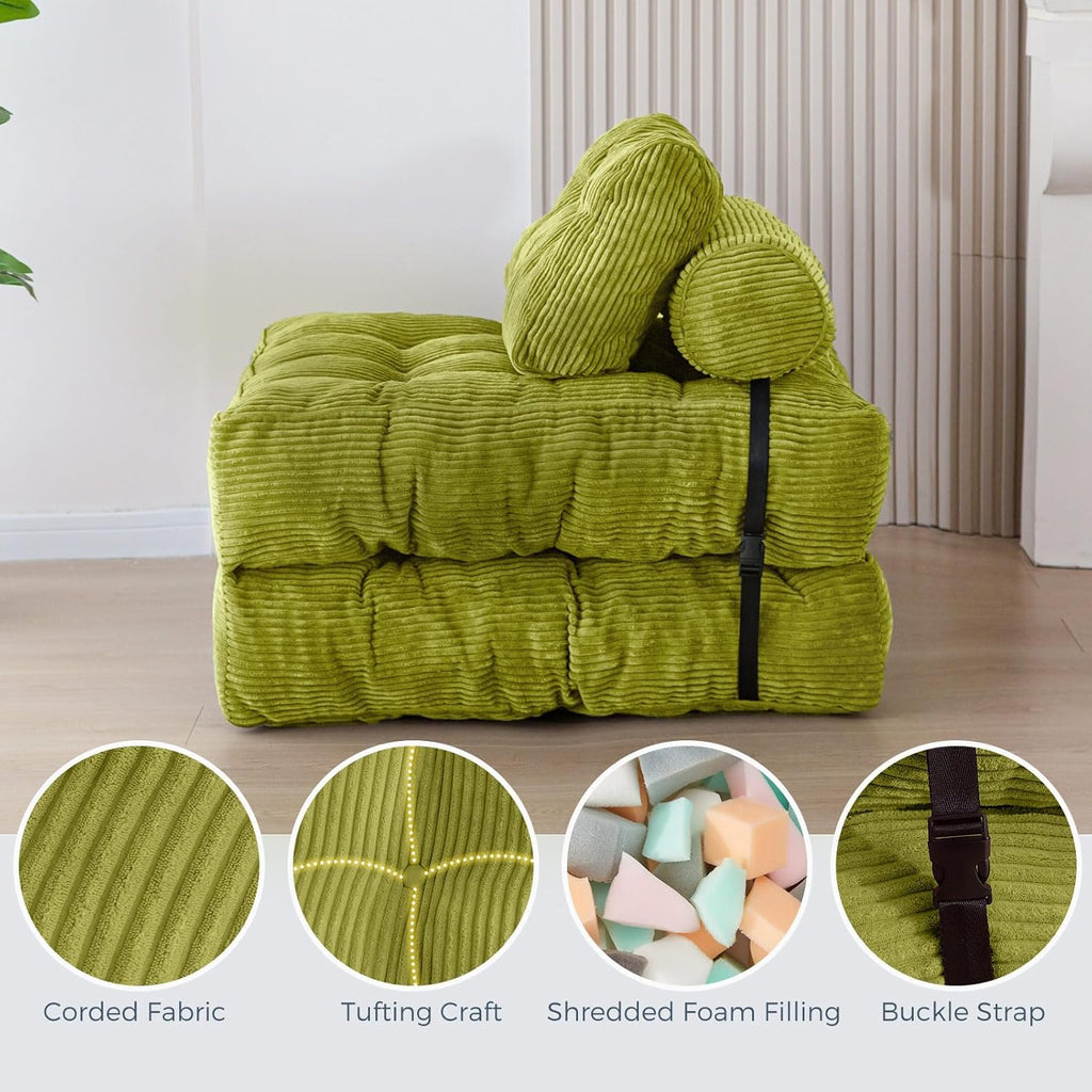 MAXYOYO Folding Sofa Bed, Convertible Sleeper Chair with Pillow Foldable Mattress with Back Support, Portable Fold Out Chair Bed Comfy Floor Sofa Lounge for Living Room Bedroom, Beige, Green
