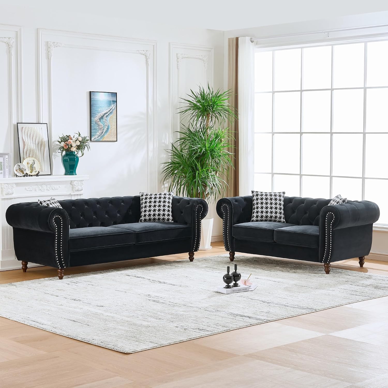 87' Velvet Tufted Sofa for Living Room, Elegant 3 Seater Upholstered Chesterfield Couch with Nailhead Rolled Arms and 2 Pillows for Home Office, Apartment, Studio, Black