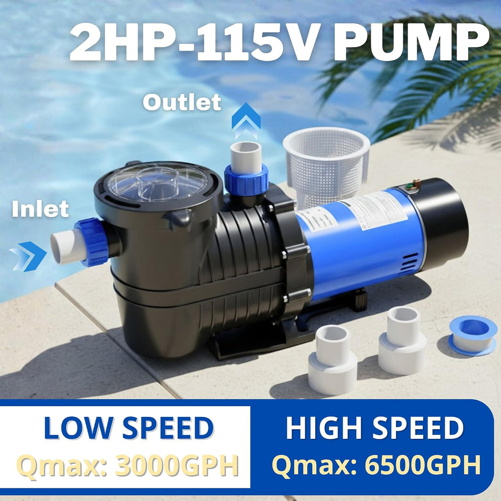 FOTING In/Above Ground Pool Pump, Self Primming Pool Pump High Flow 1.5' & 2' NPT Inlet Connectors, Dark Blue