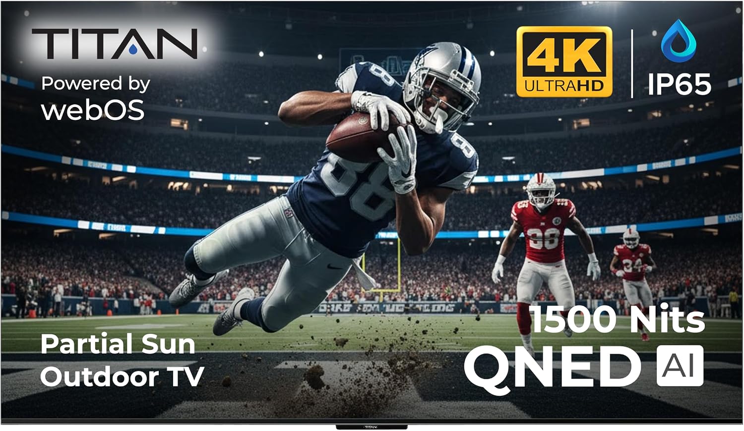 Titan L200 QNED 65 Inch Outdoor TV, Partial Sun, IP65 Smart Weatherproof TV, 4K HDR, 120 Hz, Web AI OS, 1500 Nits, Wi-Fi 6E, Dolby Digital, Outdoor TV Cover, Slim Bezel, 2 Yr Wty