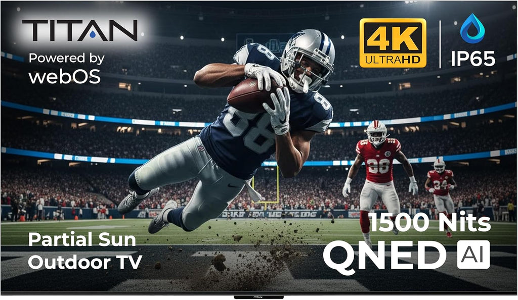 Titan L200 QNED 75 Inch Outdoor TV, Partial Sun, IP65 Smart Weatherproof TV, 4K HDR, 120 Hz, Web AI OS, 1500 Nits, Wi-Fi 6E, Dolby Digital, Outdoor TV Cover, Slim Bezel, 2 Yr Wty