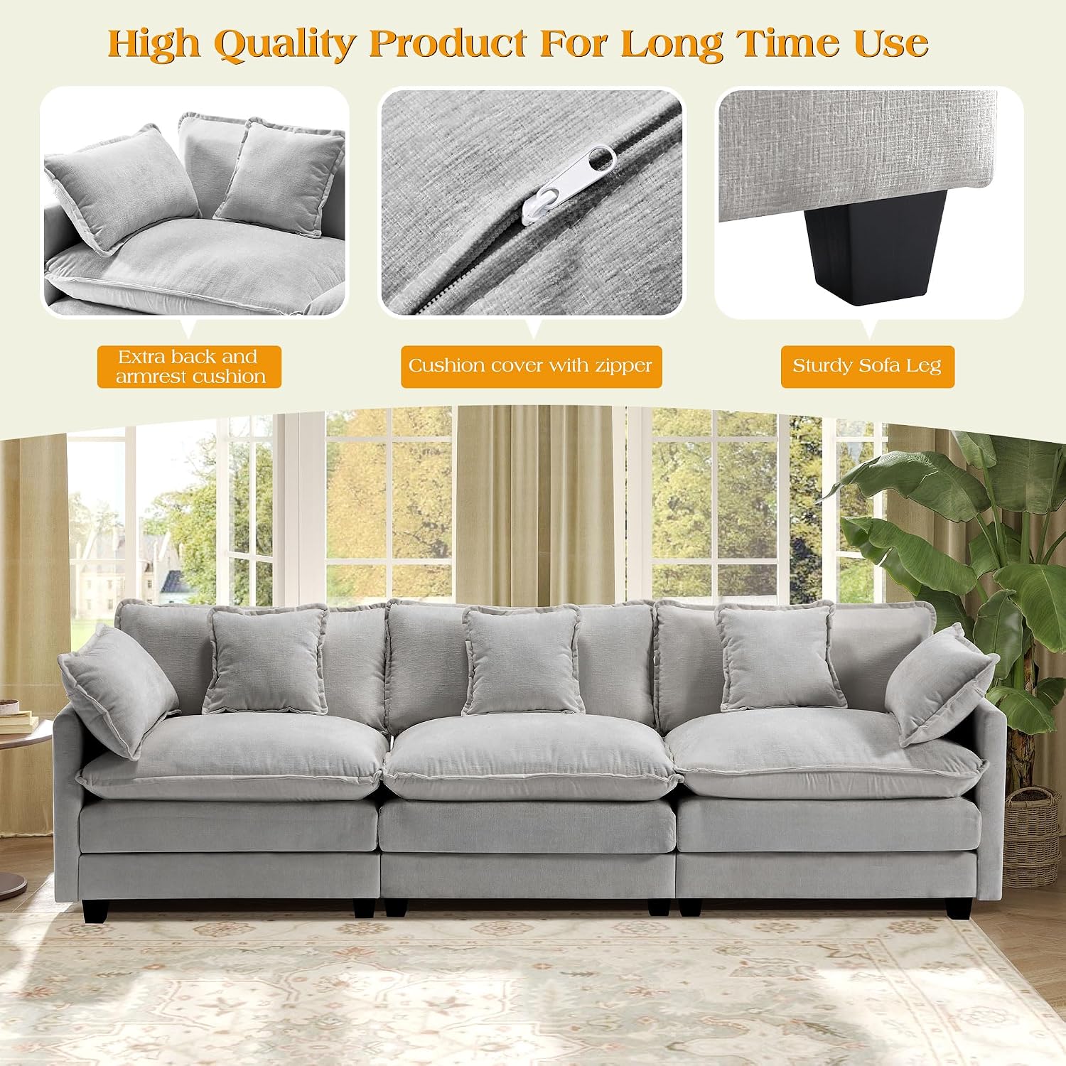 113.4' Modular Sectional Sofa,Cloud Couch for Living Room, Modern Deep Seat Sofa 3 Seater Chenille Fabric Comfy Couches with Throw Pillows for Apartment