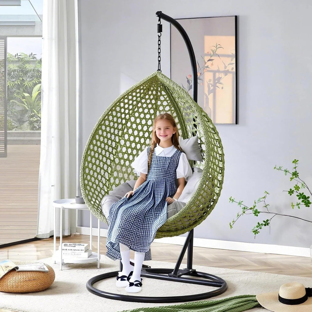 Egg Swing Chair Outdoor with Stand, Hanging Egg Rattan Basket Chair with Cushion and Pillow, Swinging Egg Chair, Foldable Basket and Metal Stand for Porch, Patio, Bedroom, Balcony,Yard (Green)