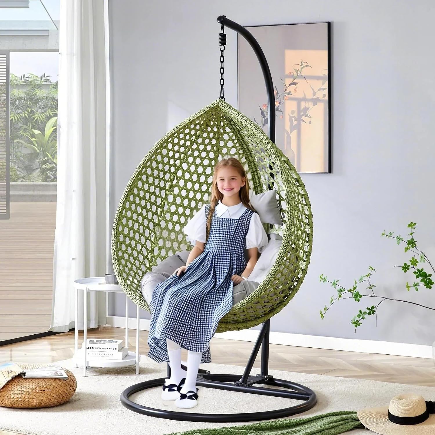 Egg Swing Chair Outdoor with Stand, Hanging Egg Rattan Basket Chair with Cushion and Pillow, Swinging Egg Chair, Foldable Basket and Metal Stand for Porch, Patio, Bedroom, Balcony,Yard (Green)