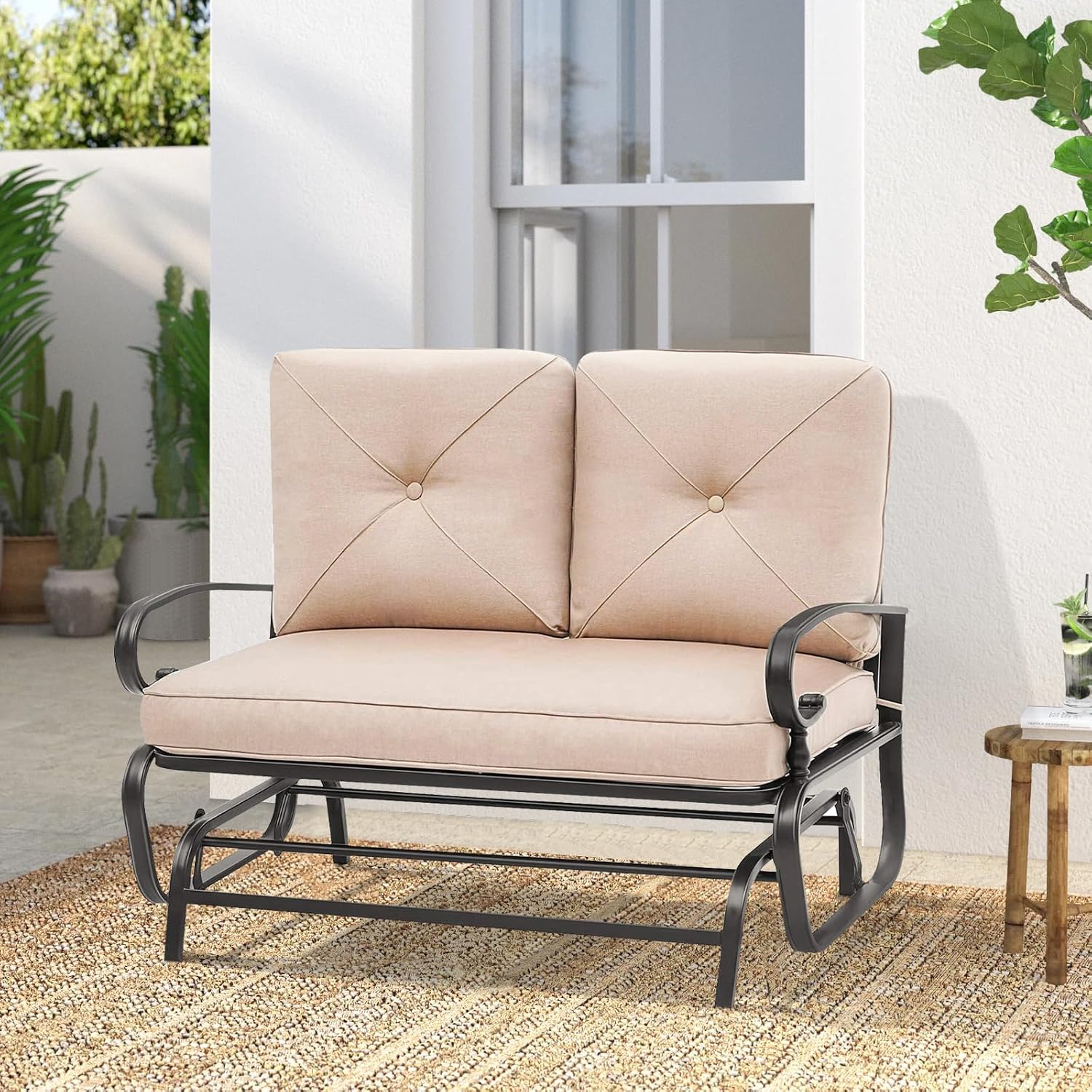 Outdoor Glider Rocking Bench 2 Person Patio Loveseat Steel Frame Furniture Set for Patio, Garden, Yard, Porch with Resistant Cushions (Brown)
