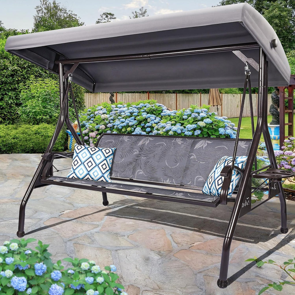 ZZW 3 Person Patio Swing Outdoor Swing for Adults with Adjustable Canopy &Upgraded Cup Holders Textilene Fabric Porch Swing Chair with Stand Heavy Duty 800 LBS
