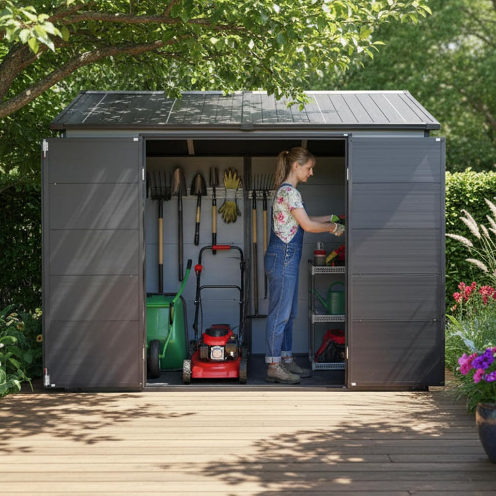 Outdoor Storage Shed, 8x6FT Plastic Storage Shed with 2 Windows and Lockable Door for Garden Tools, Bike, Lawnmower, Grey and Black