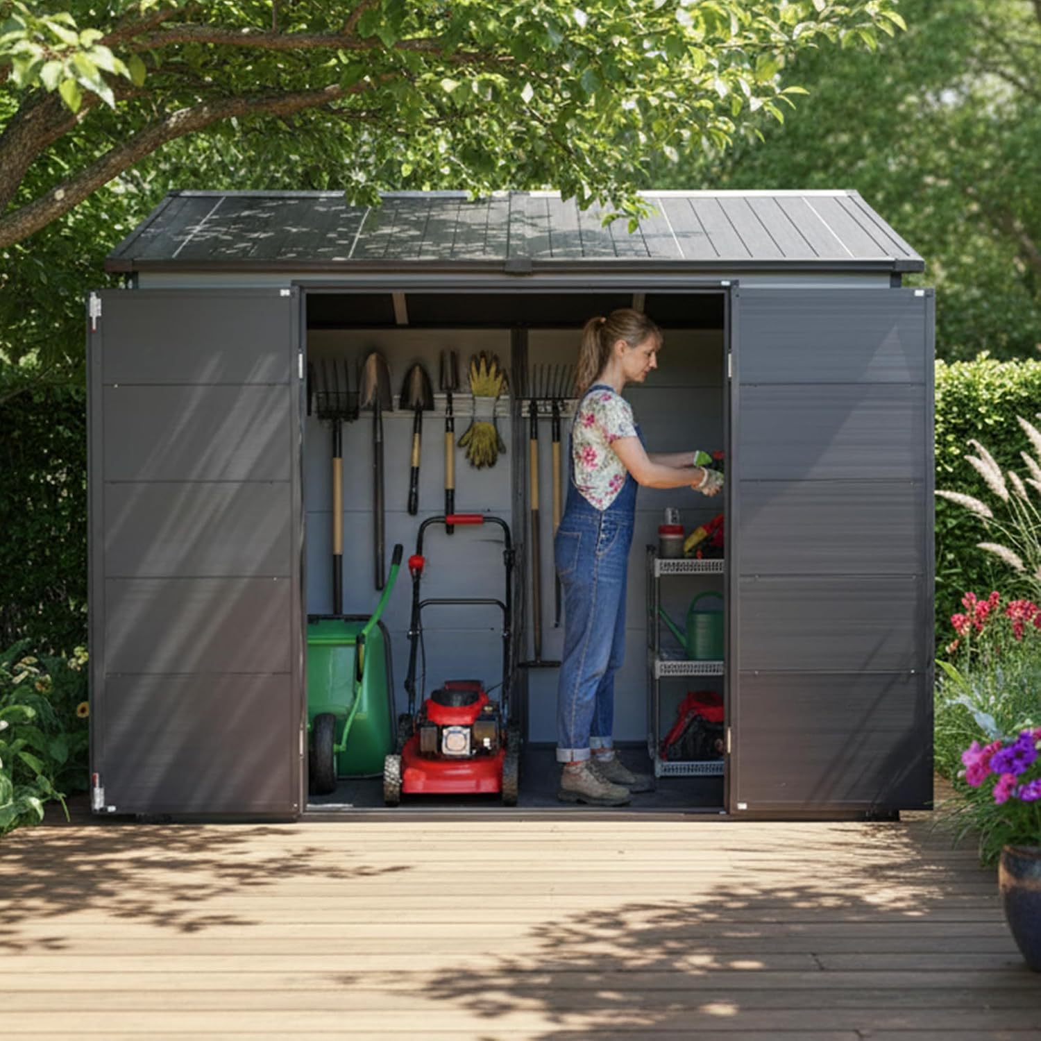 Outdoor Storage Shed, 8x6FT Plastic Storage Shed with 2 Windows and Lockable Door for Garden Tools, Bike, Lawnmower, Grey and Black