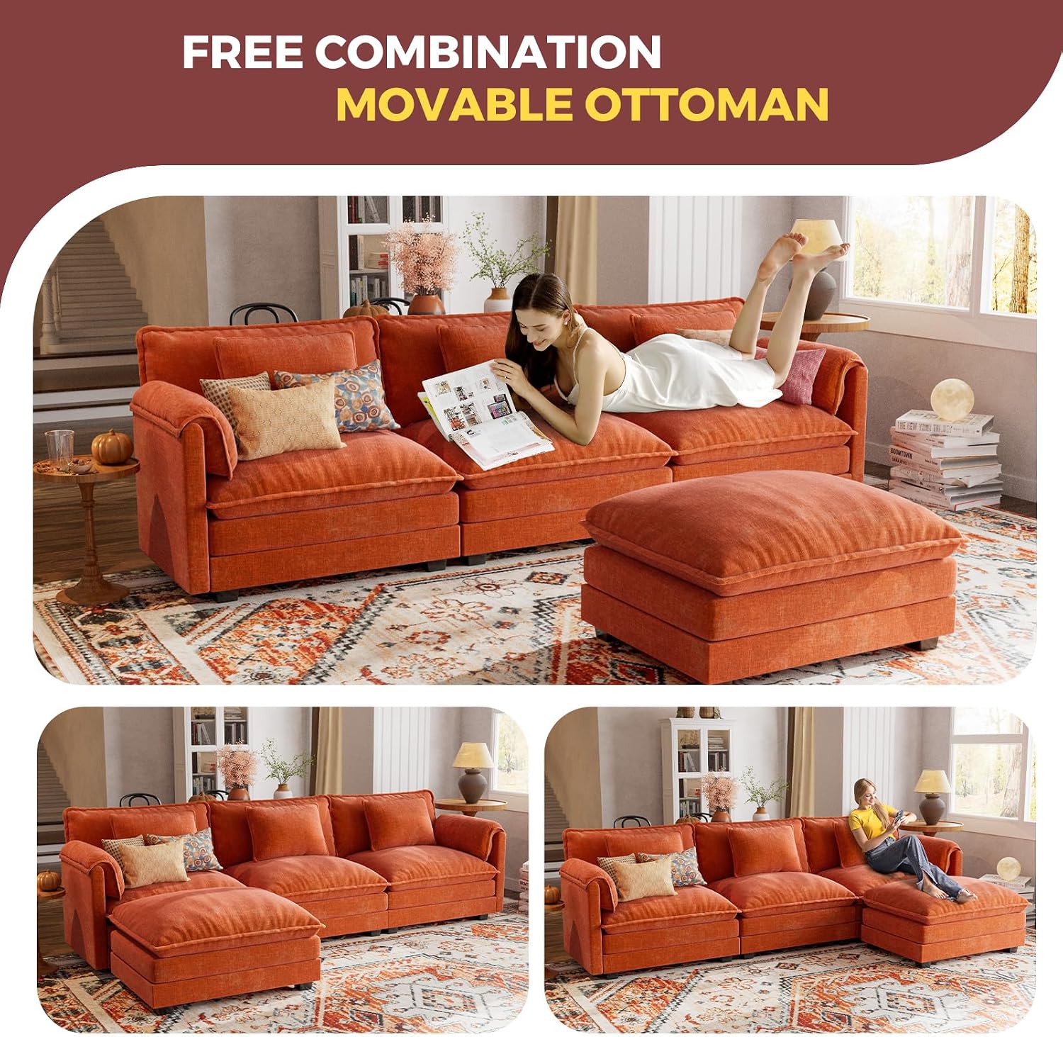 ELUCHANG Oversized 113' Modular Sectional Sofa, Comfy Cloud Couch, L Shaped Deep Seat Sofa Couches for Living Room, 4-Seater Modern Sofa with Movable Ottoman, DIY Combination - Chenille Terracotta