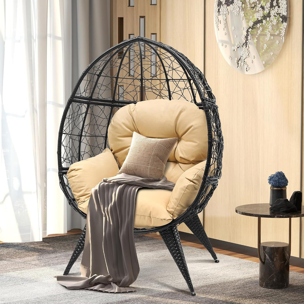 DWVO Egg Chair Patio Rattan Chair with Stand Anti-Slip All-Weather Poratble Adjustable Chair Feet Wicker Egg Lounger Chair for Indoor Outdoor 330LBS (Beige)