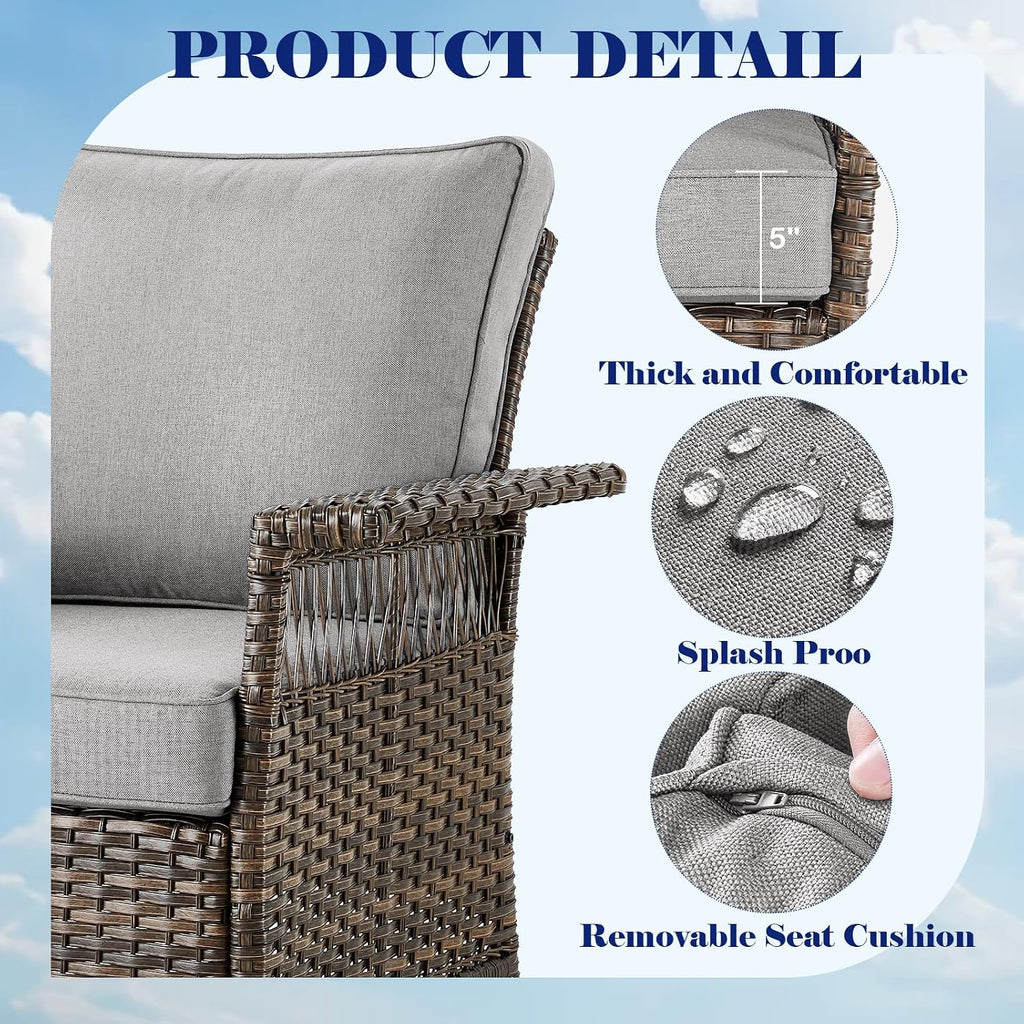 Outdoor Patio Rocking Swivel Chairs - 3PC Wicker Patio Bistro Rocker Chair Set,Rattan Glider Chair with Sturdy Frame,All-Weather PE Wicker and Cushions,1 Side Table for Deck Porch Balcony(Brown/Grey)
