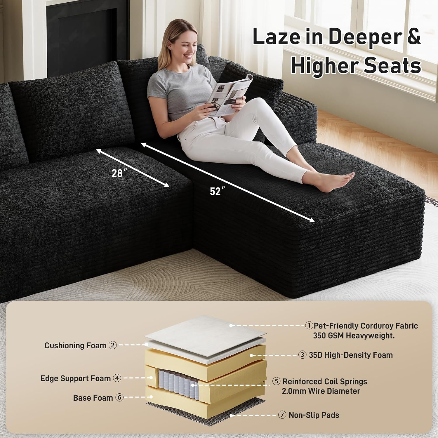 Cloud Sectional Couch Modular Sectional Sofa, 95.5' Comfy Fluffy Black L Shaped Boneless Couches for Living Room, Deep Seat Plush Corduroy Memory Foam Couch with Right Facing Chaise Sofa