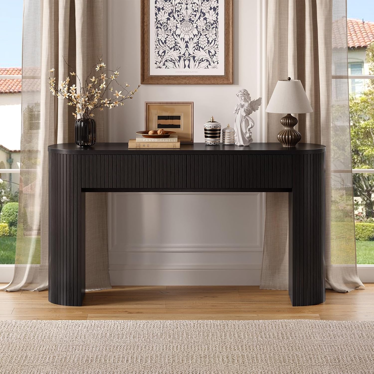 55 Inch Console Table with 2 Drawers, Fluted Entryway Tables with Storage, Sofa Table Behind The Couch, Hallway Tables, Mid-Century Modern Foyer Table for Entryway, Hallway, Living Room, Black