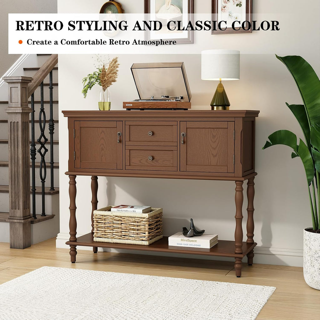 ARTPOWER Console Table for Entryway, Retro Wooden Table with Storage, 2 Doors & Drawers and Open Shelf, Behind Couch Sofa Table for Living Room, Foyer, Hallway, Brown