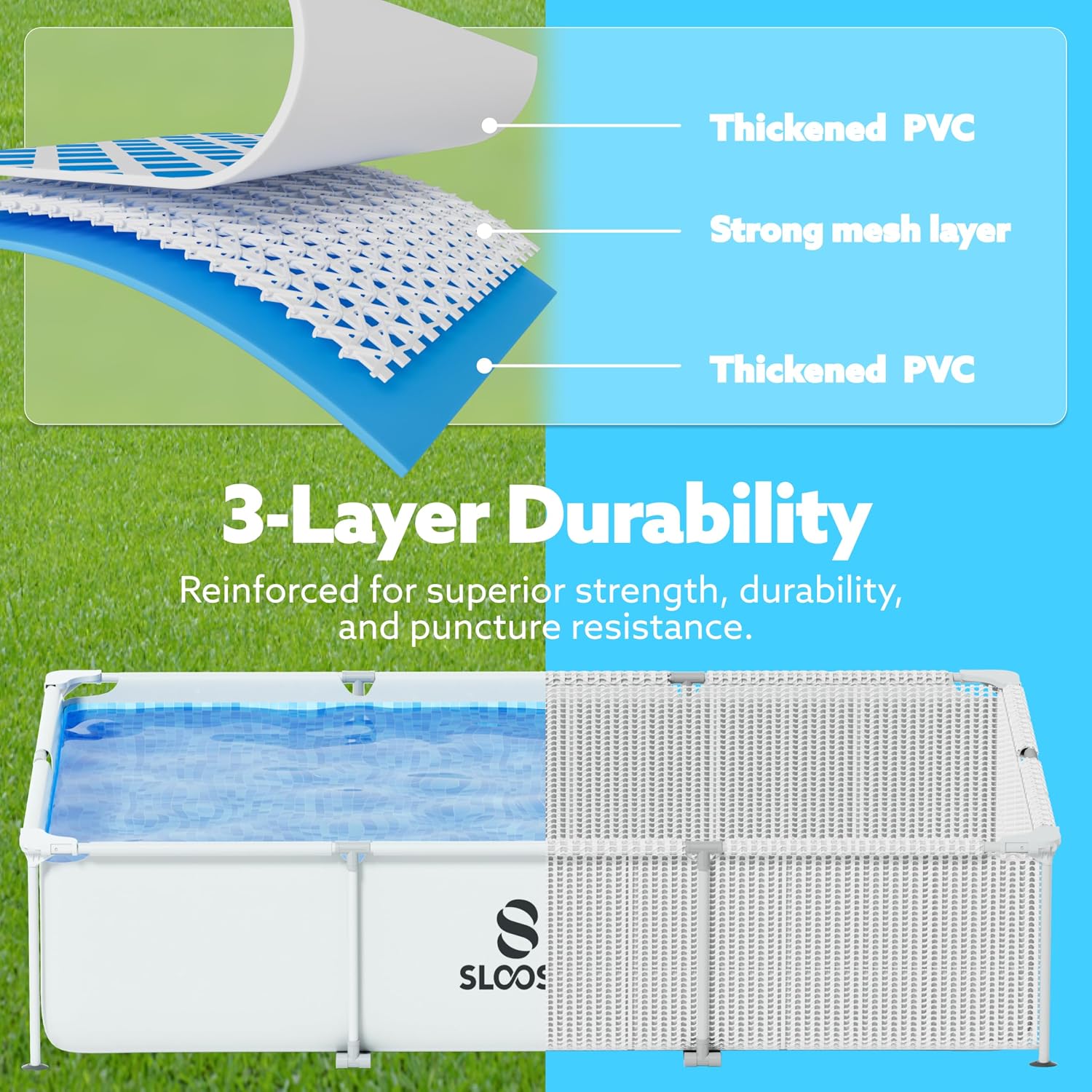 SLOOSH Rectangular Above Ground Pool - 10ft x 6.8ft x 26inch Outdoor Frame Above Ground Swimming Pool Set Kiddie Pool for Kids Adults with Filter Pump