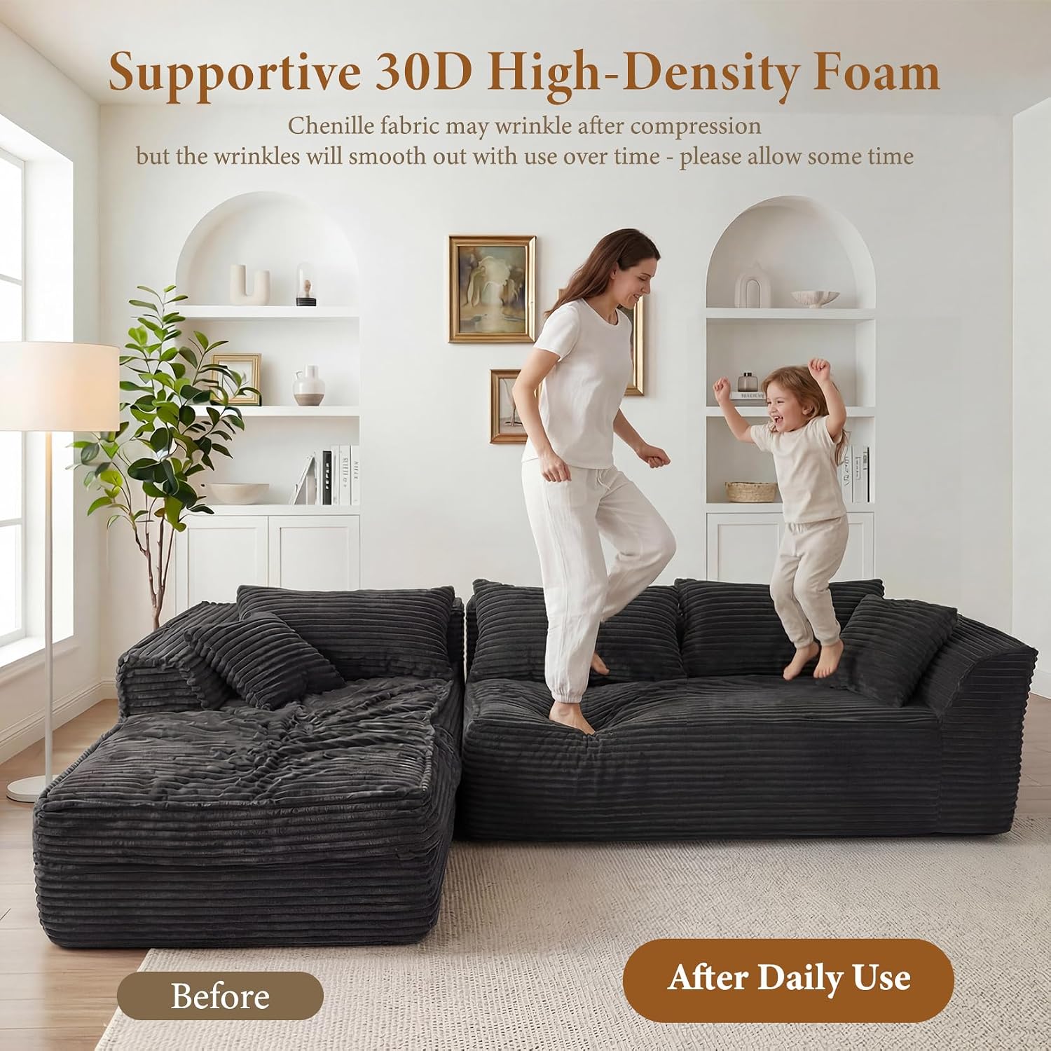Vesgantti 106' Boneless Couch with Chaise, Deep Seat Comfy Cloud Modular Sofa Corduroy Memory Foam Sectional Couches for Living Room Bedroom, No Assembly Required (Grey, Left-Facing Chaise)